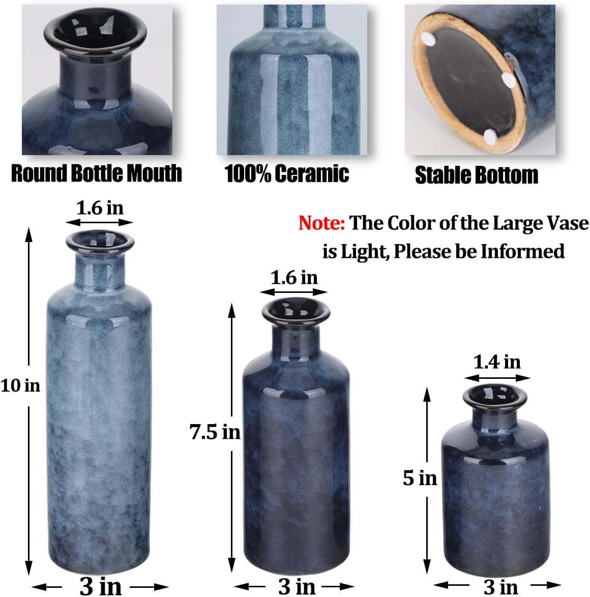 Blue Ceramic Vase Set - 3 Blue Small Vases, Farmhouse Country Flower Vase Home Decor, Living Room Decoration, Table Decoration, Fireplace Decor, and Entrance Decorations Centerpieces