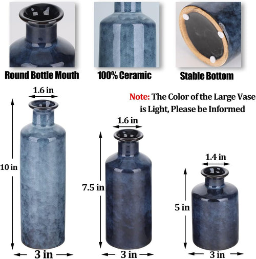 Blue Ceramic Vase Set - 3 Blue Small Vases, Farmhouse Country Flower Vase Home Decor, Living Room Decoration, Table Decoration, Fireplace Decor, and Entrance Decorations Centerpieces