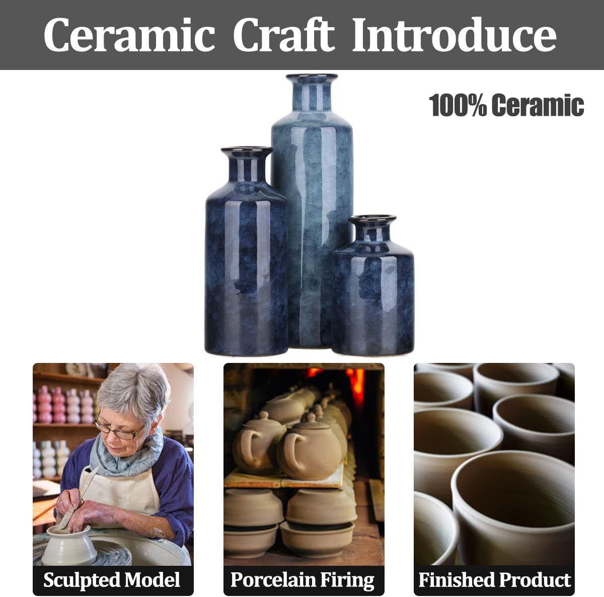 Blue Ceramic Vase Set - 3 Blue Small Vases, Farmhouse Country Flower Vase Home Decor, Living Room Decoration, Table Decoration, Fireplace Decor, and Entrance Decorations Centerpieces