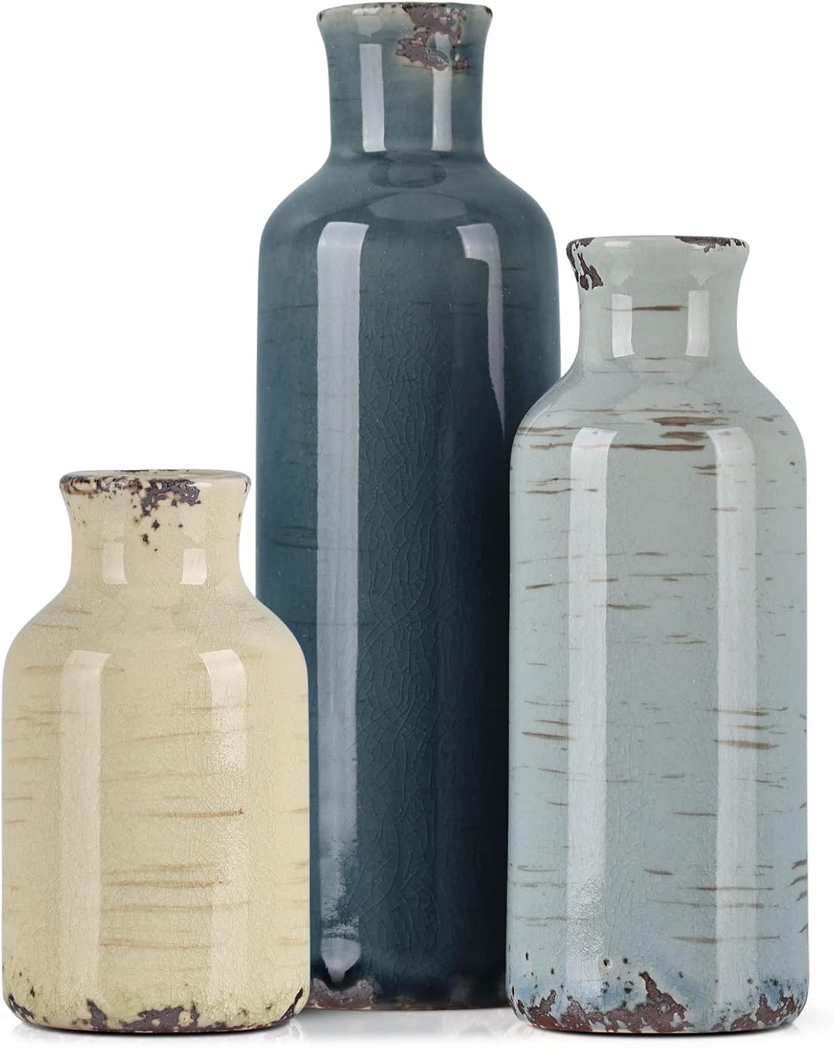 Blue Ceramic Vase Set - 3 Blue Small Vases, Farmhouse Country Flower Vase Home Decor, Living Room Decoration, Table Decoration, Fireplace Decor, and Entrance Decorations Centerpieces