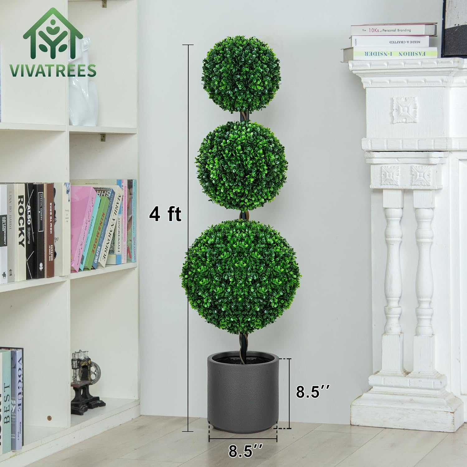 4FT Artificial Triple Ball Topiary Trees with Gray Planter Pot, Outdoor Indoor Realistic Faux Shrubs Plants, Fake Trees for Home Offices Porch Decor, Set of 2