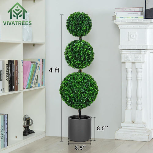 4FT Artificial Triple Ball Topiary Trees with Gray Planter Pot, Outdoor Indoor Realistic Faux Shrubs Plants, Fake Trees for Home Offices Porch Decor, Set of 2