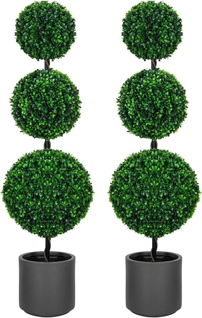 4FT Artificial Triple Ball Topiary Trees with Gray Planter Pot, Outdoor Indoor Realistic Faux Shrubs Plants, Fake Trees for Home Offices Porch Decor, Set of 2