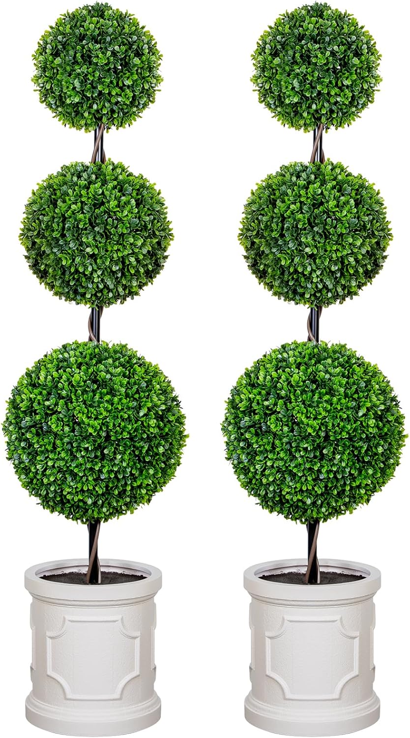 4FT Artificial Triple Ball Topiary Trees with Gray Planter Pot, Outdoor Indoor Realistic Faux Shrubs Plants, Fake Trees for Home Offices Porch Decor, Set of 2