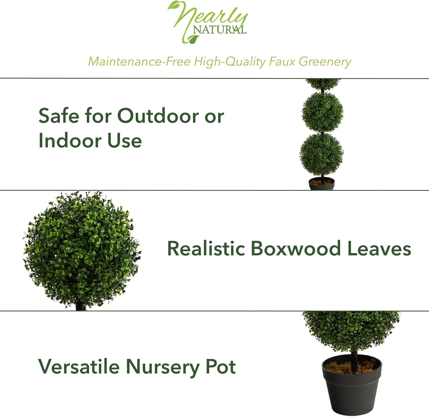 Nearly Natural 3ft. Artificial Triple Ball Boxwood Topiary Tree (Indoor/Outdoor) T2021, Green