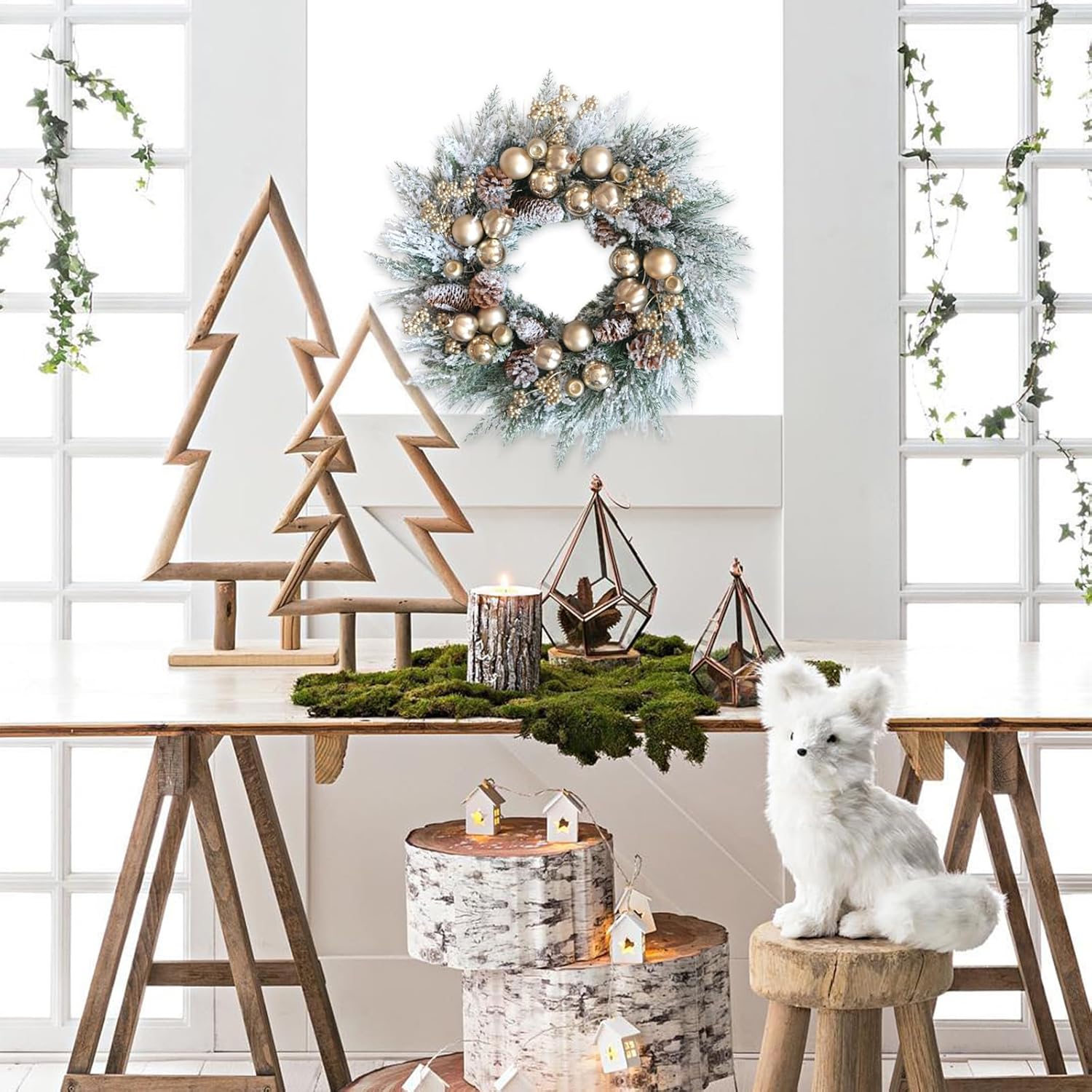 Artificial Christmas Wreath for Front Door 24 Inch Door Wreath with Pine Needles Pine Cones and Gold Ball Winter Farmhouse Home Hoilday Christmas Party Decorations Indoor/Outdoor