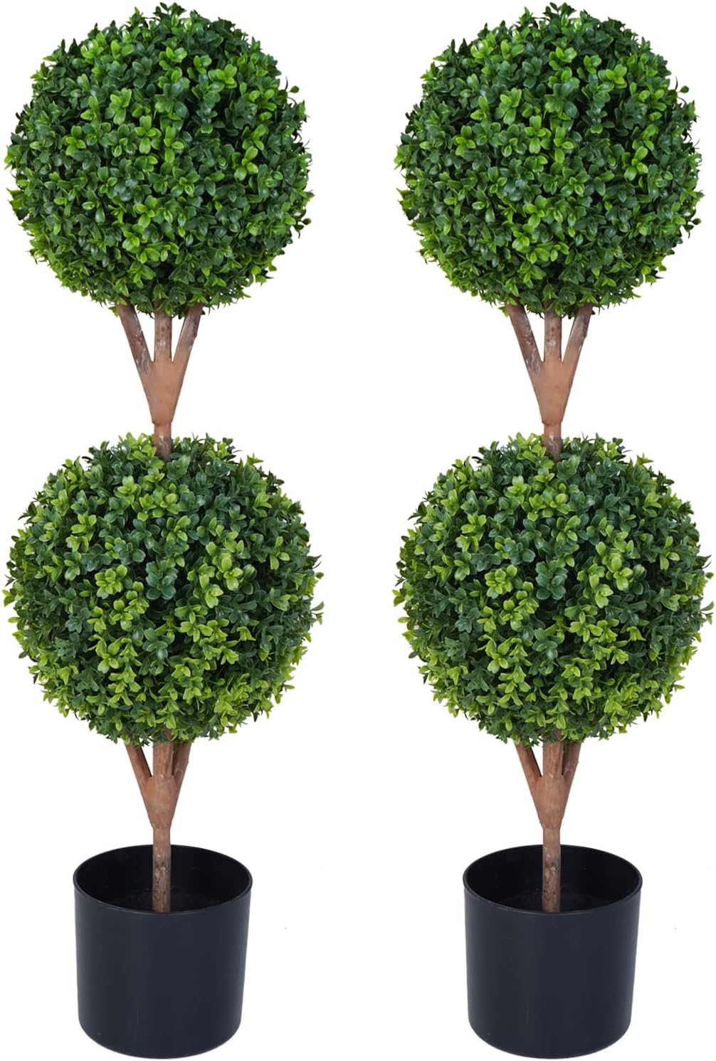 35'' Artificial Double Ball Boxwood Topiary Trees Set of 2, 3ft Faux Topiaries for Indoor and Outdoor Home, Porch, or Garden Decor