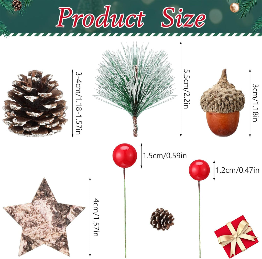 Riceshoot 432 Pcs Christmas Picks and Sprays Pine Cone Red Berries Set Christmas Wreath Making Decoration Artificial Pine Branches Acorns Wooden Stars for Xmas Supplies Party DIY Crafts