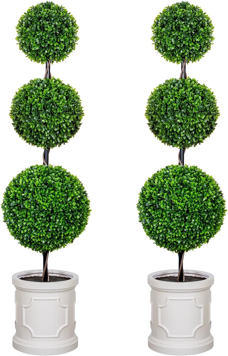 4FT Artificial Triple Ball Topiary Trees with Gray Planter Pot, Outdoor Indoor Realistic Faux Shrubs Plants, Fake Trees for Home Offices Porch Decor, Set of 2