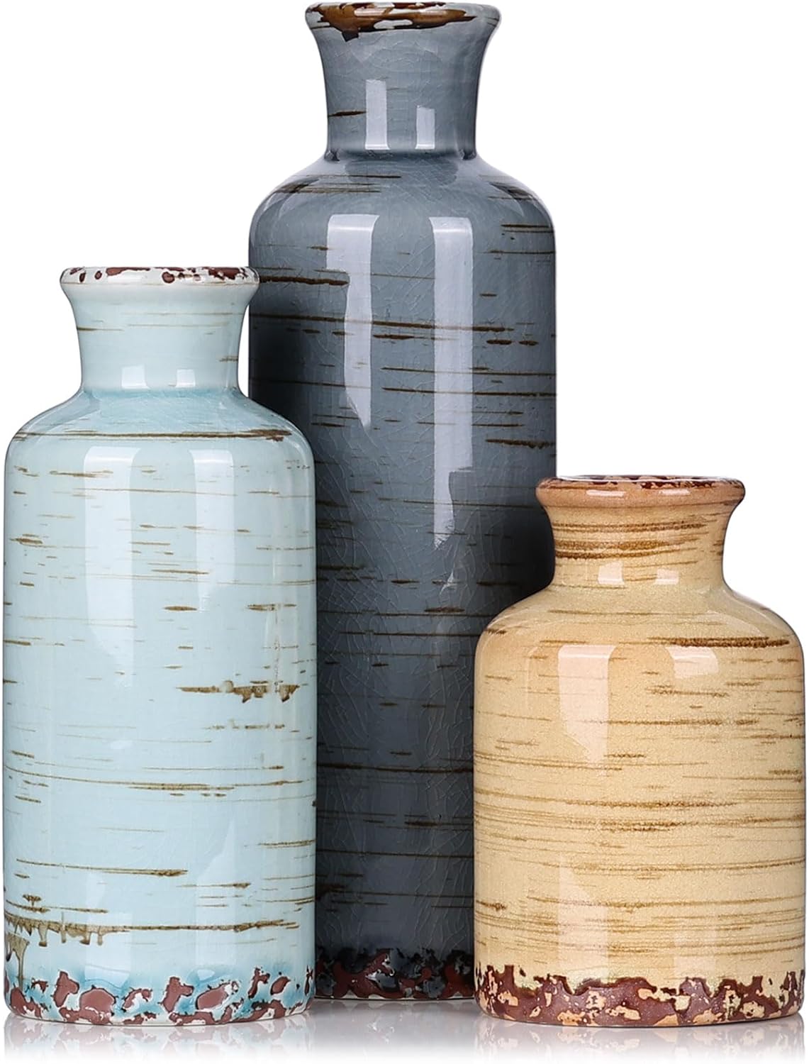 Blue Ceramic Vase Set - 3 Blue Small Vases, Farmhouse Country Flower Vase Home Decor, Living Room Decoration, Table Decoration, Fireplace Decor, and Entrance Decorations Centerpieces