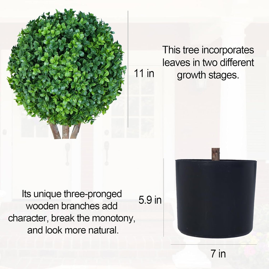 35'' Artificial Double Ball Boxwood Topiary Trees Set of 2, 3ft Faux Topiaries for Indoor and Outdoor Home, Porch, or Garden Decor