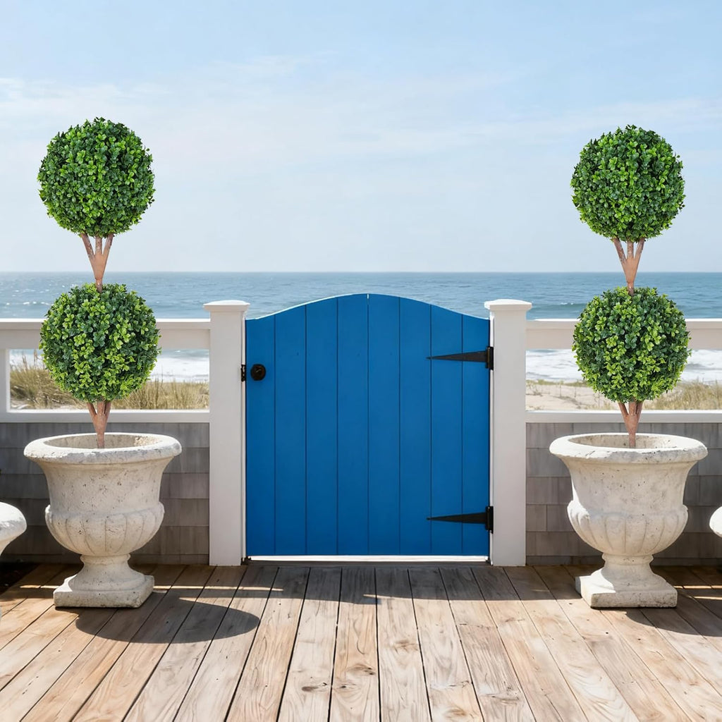 35'' Artificial Double Ball Boxwood Topiary Trees Set of 2, 3ft Faux Topiaries for Indoor and Outdoor Home, Porch, or Garden Decor