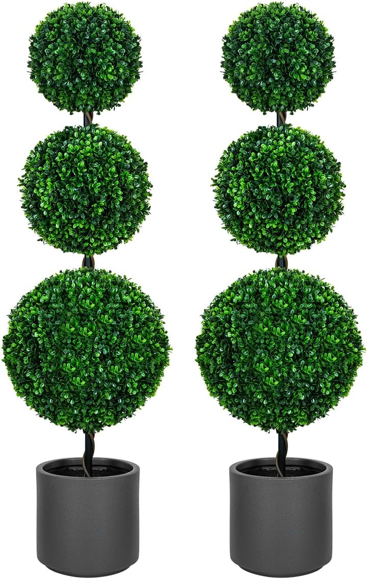 4FT Artificial Triple Ball Topiary Trees with Gray Planter Pot, Outdoor Indoor Realistic Faux Shrubs Plants, Fake Trees for Home Offices Porch Decor, Set of 2