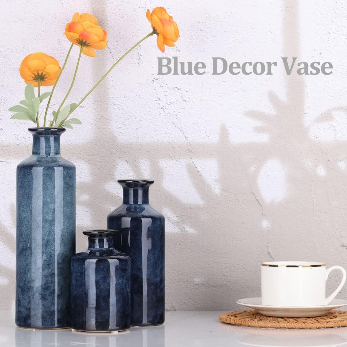Blue Ceramic Vase Set - 3 Blue Small Vases, Farmhouse Country Flower Vase Home Decor, Living Room Decoration, Table Decoration, Fireplace Decor, and Entrance Decorations Centerpieces