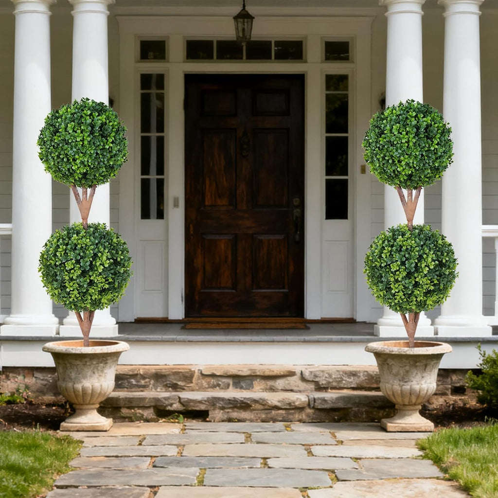 35'' Artificial Double Ball Boxwood Topiary Trees Set of 2, 3ft Faux Topiaries for Indoor and Outdoor Home, Porch, or Garden Decor