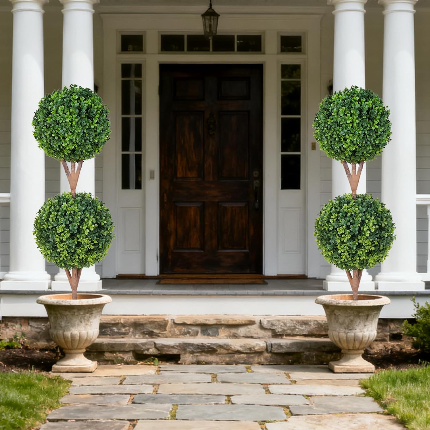 35'' Artificial Double Ball Boxwood Topiary Trees Set of 2, 3ft Faux Topiaries for Indoor and Outdoor Home, Porch, or Garden Decor