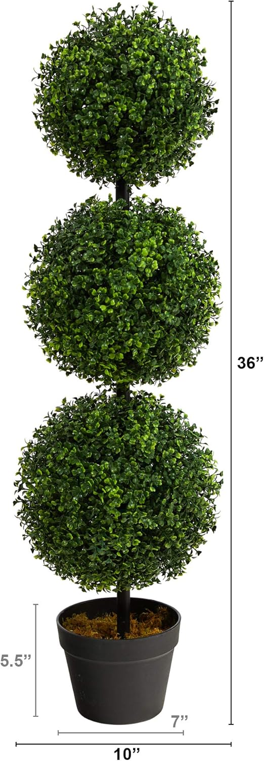 Nearly Natural 3ft. Artificial Triple Ball Boxwood Topiary Tree (Indoor/Outdoor) T2021, Green