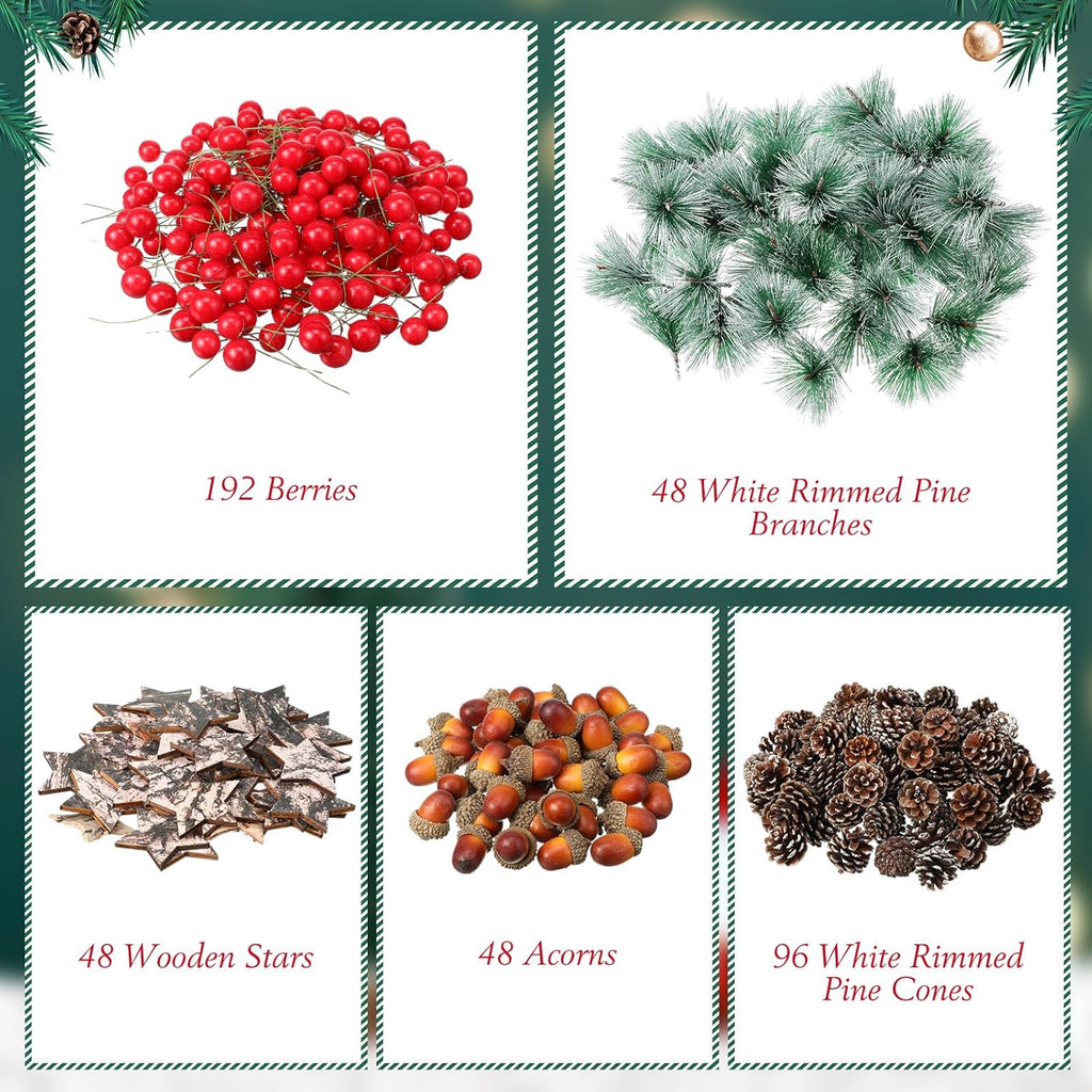 Riceshoot 432 Pcs Christmas Picks and Sprays Pine Cone Red Berries Set Christmas Wreath Making Decoration Artificial Pine Branches Acorns Wooden Stars for Xmas Supplies Party DIY Crafts