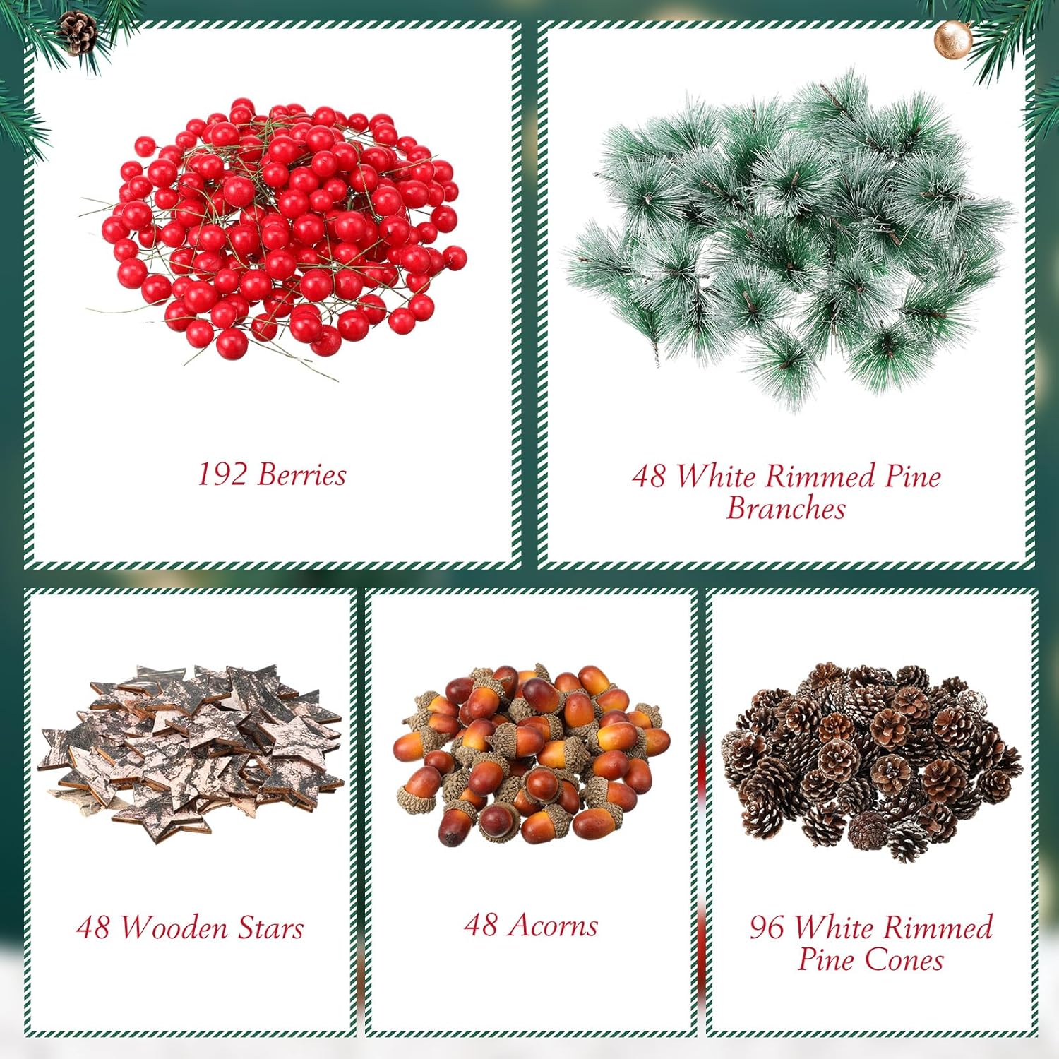 Riceshoot 432 Pcs Christmas Picks and Sprays Pine Cone Red Berries Set Christmas Wreath Making Decoration Artificial Pine Branches Acorns Wooden Stars for Xmas Supplies Party DIY Crafts