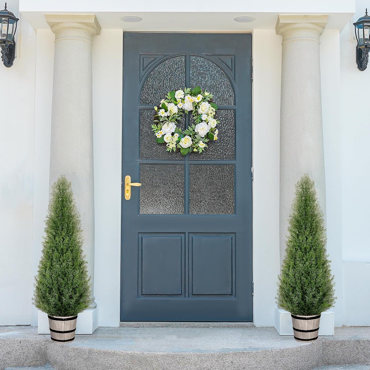 4FT Artificial Cedar Topiary Trees with Rustic Barrel Planter, Outdoor Indoor Realistic Faux Pine Shrubs Plants, Fake Cypress Trees for Home Offices Porch Decor, Set of 2