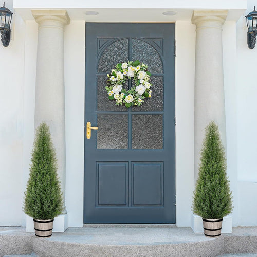 4FT Artificial Cedar Topiary Trees with Rustic Barrel Planter, Outdoor Indoor Realistic Faux Pine Shrubs Plants, Fake Cypress Trees for Home Offices Porch Decor, Set of 2