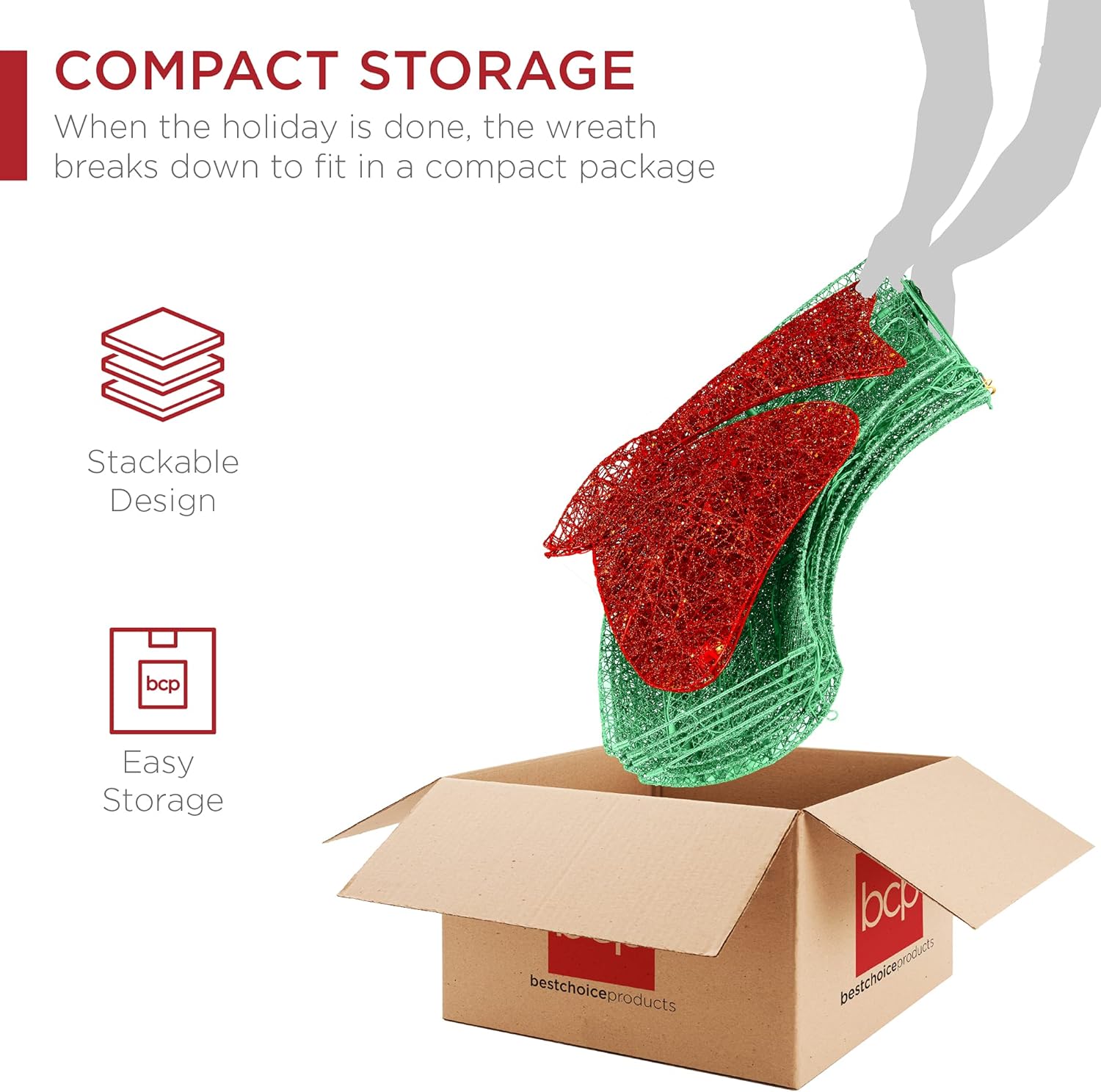 Best Choice Products 48in Pre-Lit Outdoor Christmas Wreath Decoration, LED Metal Holiday Decor for Home w/ 140 Lights, Bow - Green/Red