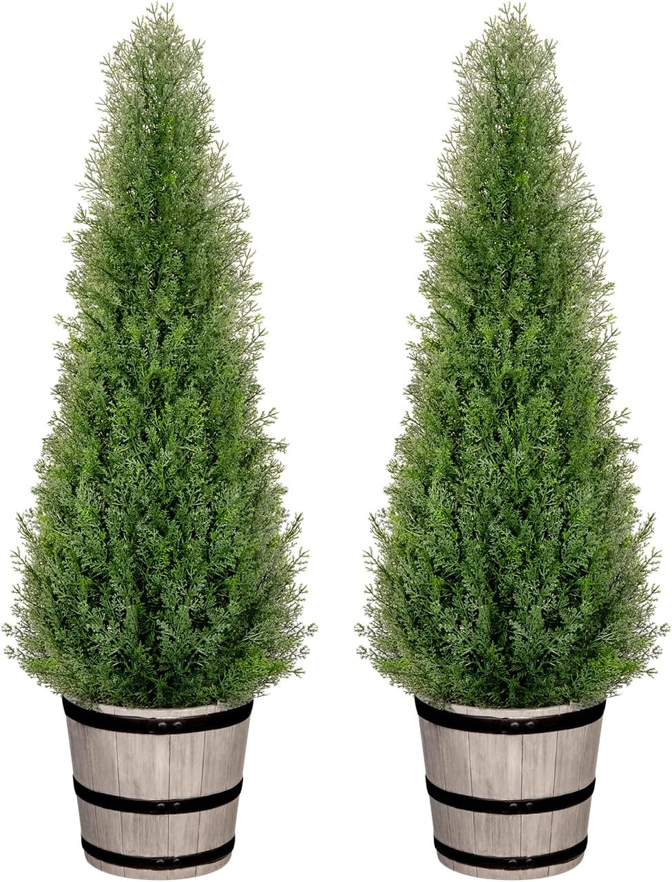 4FT Artificial Cedar Topiary Trees with Rustic Barrel Planter, Outdoor Indoor Realistic Faux Pine Shrubs Plants, Fake Cypress Trees for Home Offices Porch Decor, Set of 2