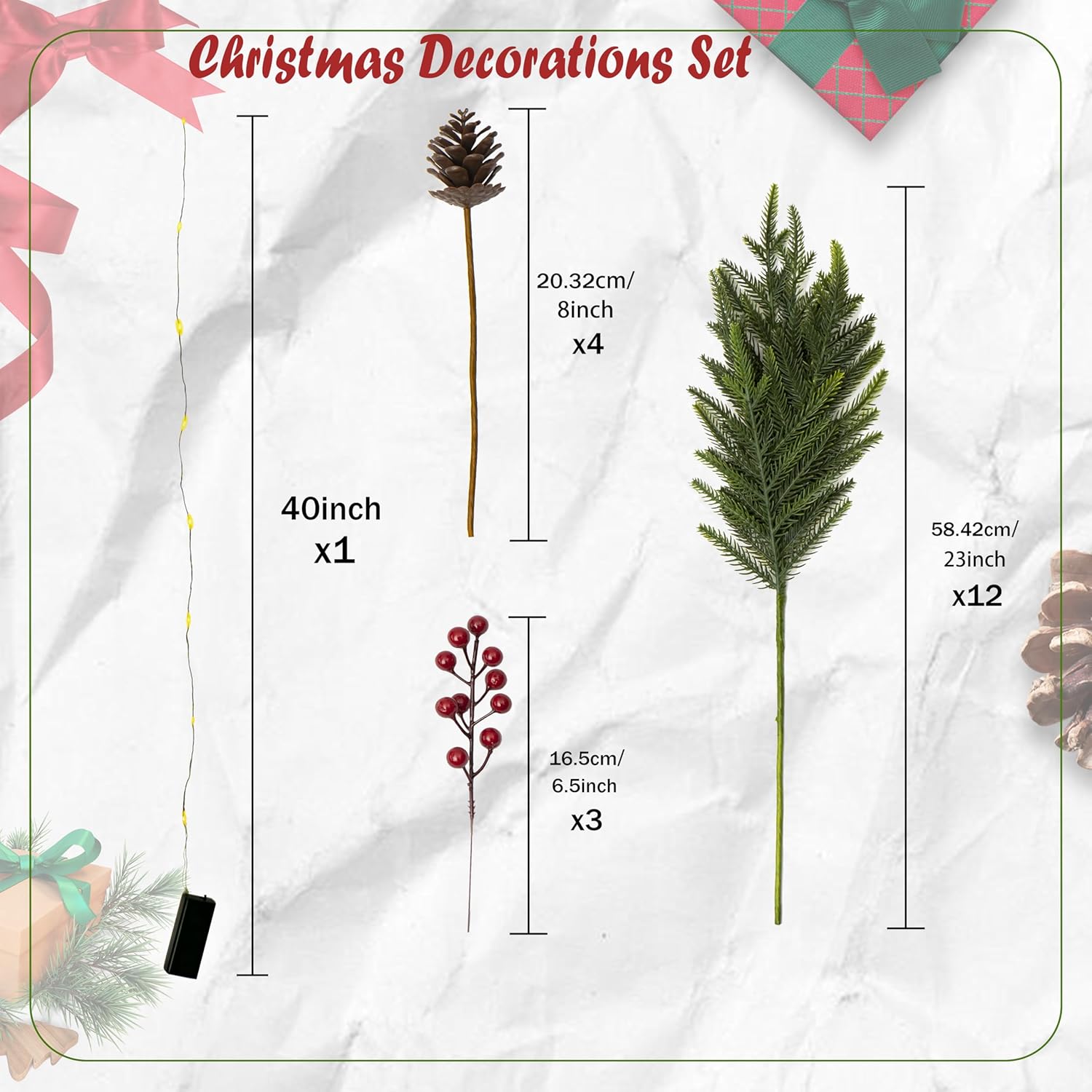 WHANLEY L&Q 20-Piece Set 23" Christmas Norfolk Pine Branches with Lights - Battery Operated Christmas Decorations - Warm Lights -Norfolk Pine Stems for Xmas DIY Crafts Garland Wreath- Christmas Decor