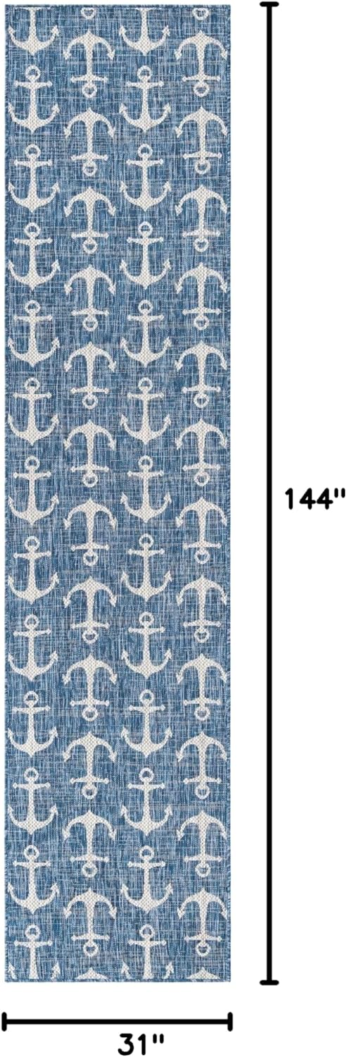 Unique Loom Outdoor Coastal Collection Area Rug - Ahoy (2' 7" x 12' Runner, Blue/ Ivory)