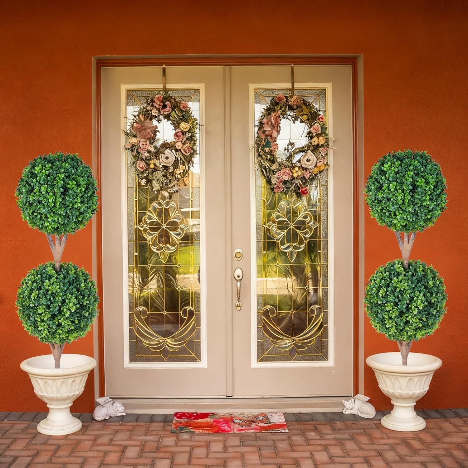 35'' Artificial Double Ball Boxwood Topiary Trees Set of 2, 3ft Faux Topiaries for Indoor and Outdoor Home, Porch, or Garden Decor