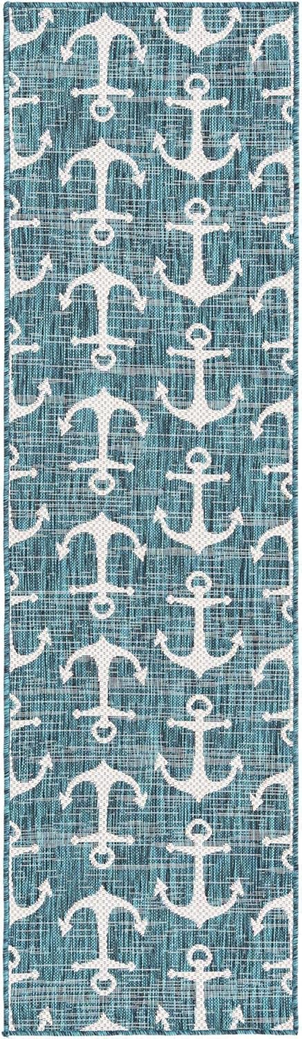 Unique Loom Outdoor Coastal Collection Area Rug - Ahoy (2' 7" x 12' Runner, Blue/ Ivory)