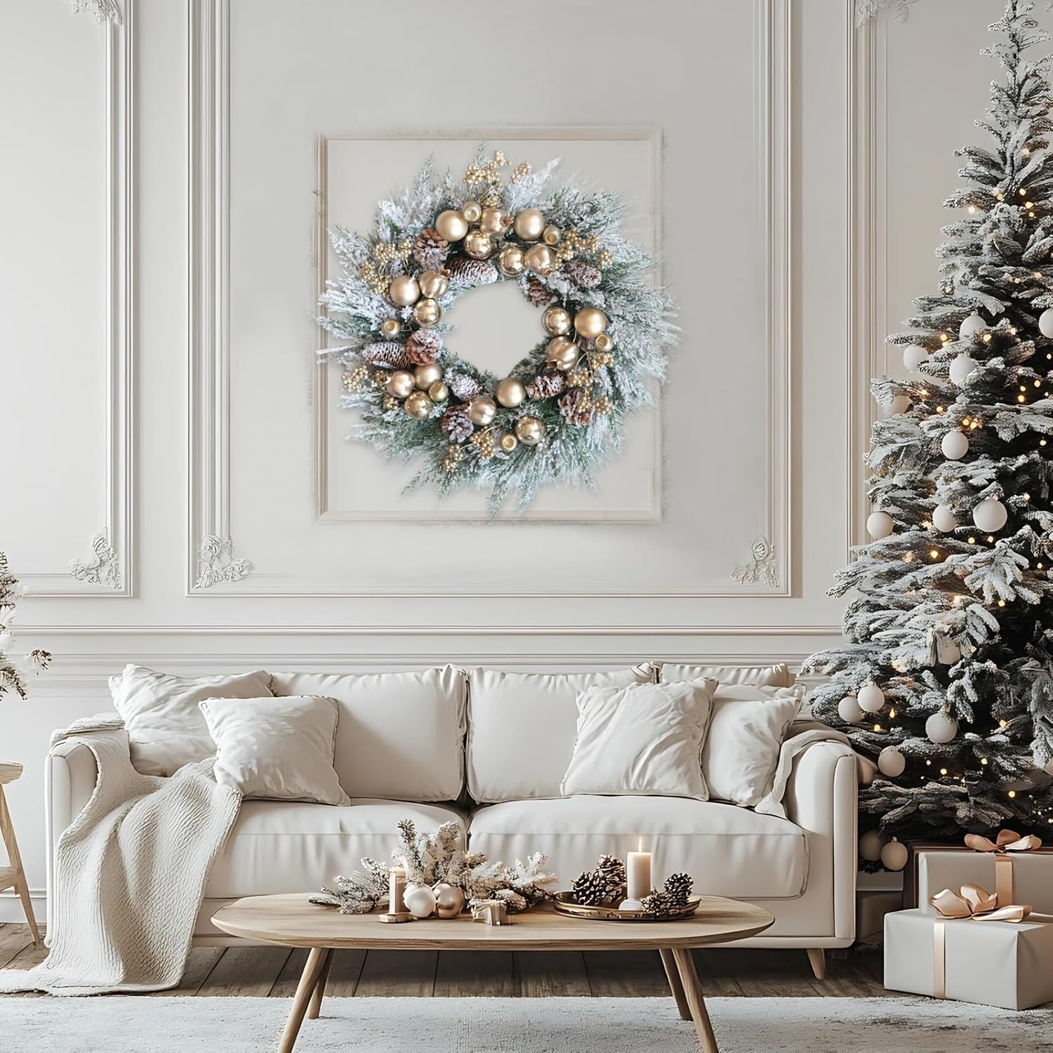 Artificial Christmas Wreath for Front Door 24 Inch Door Wreath with Pine Needles Pine Cones and Gold Ball Winter Farmhouse Home Hoilday Christmas Party Decorations Indoor/Outdoor