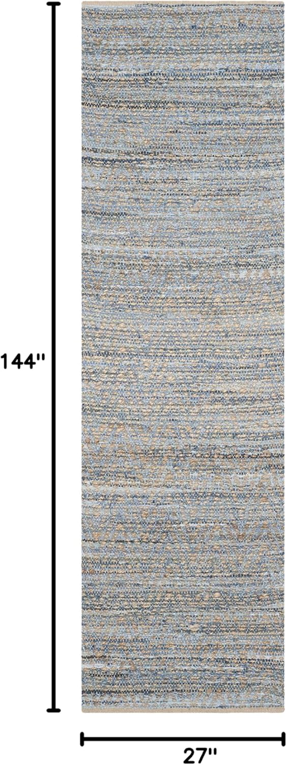 SAFAVIEH Cape Cod Collection Runner Rug - 2'3" x 12', Natural & Blue, Handmade Flat Weave Coastal Braided Jute, Ideal for High Traffic Areas in Living Room, Bedroom (CAP350A)
