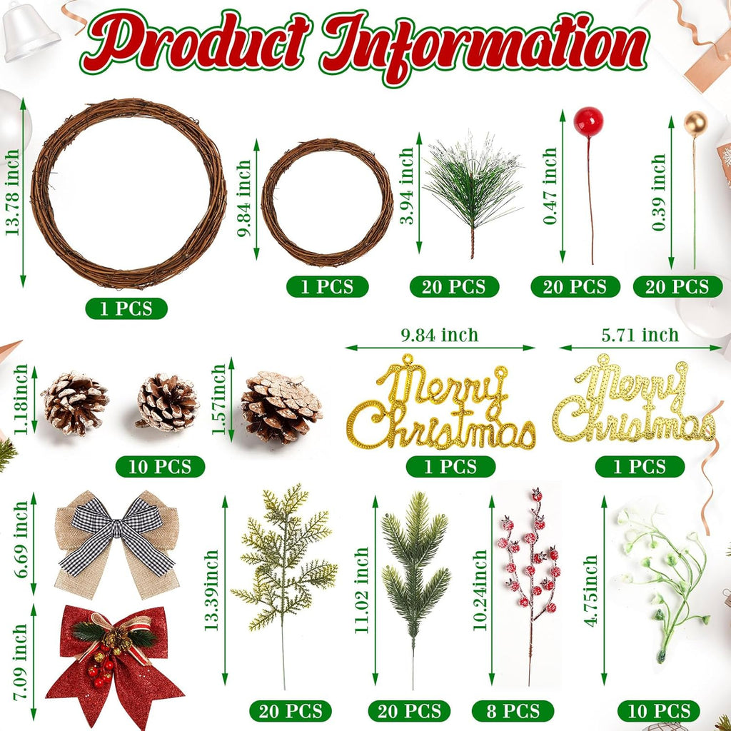 Hotop 134 Pcs Christmas Wreath Decorations Kits Included Grapevine Wreaths Pine Branches Pinecones Letter Signs Bow Ties Berry Picks for DIY Christmas Craft Garden Front Door Art Wall Hanging Decors