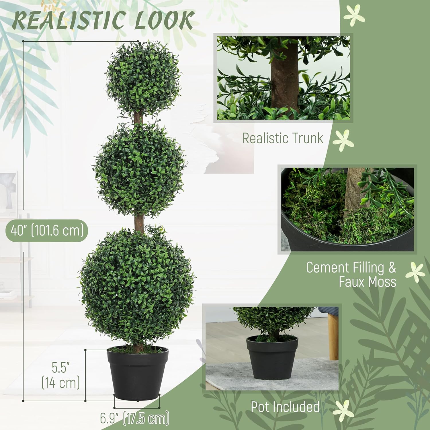 HOMCOM Artificial Plants Topiary Ball-Shaped Boxwood Trees in Pot Set of 2 Fake Plants for Home Indoor Outdoor Front Porch Decor, 40 Inch, Green