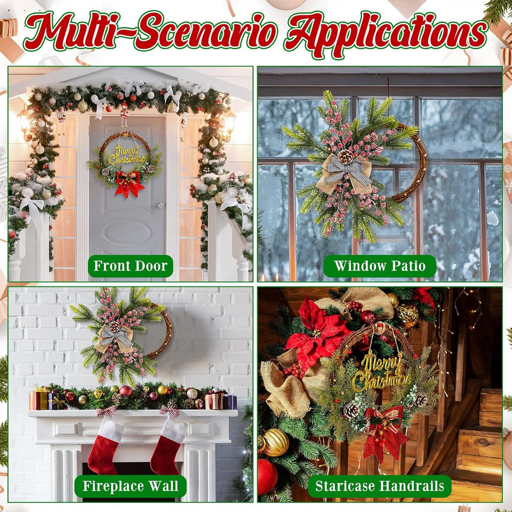 Hotop 134 Pcs Christmas Wreath Decorations Kits Included Grapevine Wreaths Pine Branches Pinecones Letter Signs Bow Ties Berry Picks for DIY Christmas Craft Garden Front Door Art Wall Hanging Decors