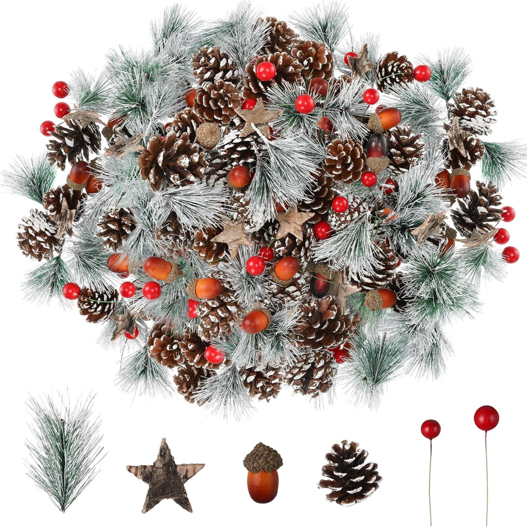 Riceshoot 432 Pcs Christmas Picks and Sprays Pine Cone Red Berries Set Christmas Wreath Making Decoration Artificial Pine Branches Acorns Wooden Stars for Xmas Supplies Party DIY Crafts