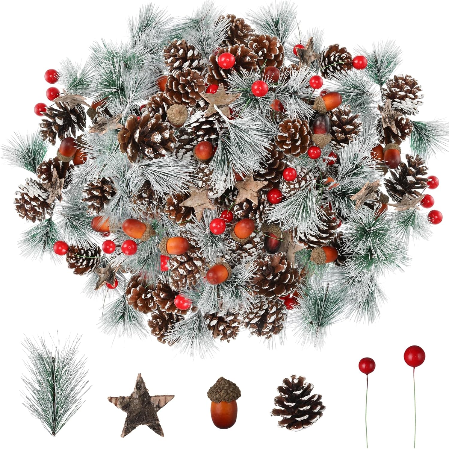 Riceshoot 432 Pcs Christmas Picks and Sprays Pine Cone Red Berries Set Christmas Wreath Making Decoration Artificial Pine Branches Acorns Wooden Stars for Xmas Supplies Party DIY Crafts
