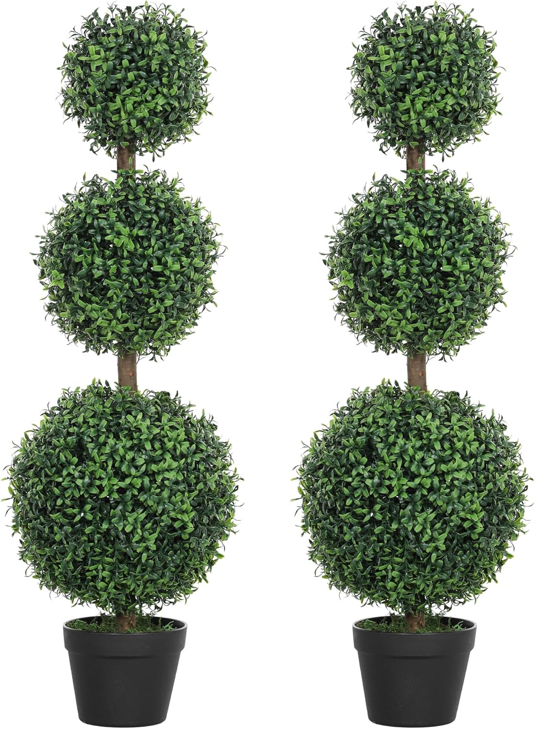 HOMCOM Artificial Plants Topiary Ball-Shaped Boxwood Trees in Pot Set of 2 Fake Plants for Home Indoor Outdoor Front Porch Decor, 40 Inch, Green