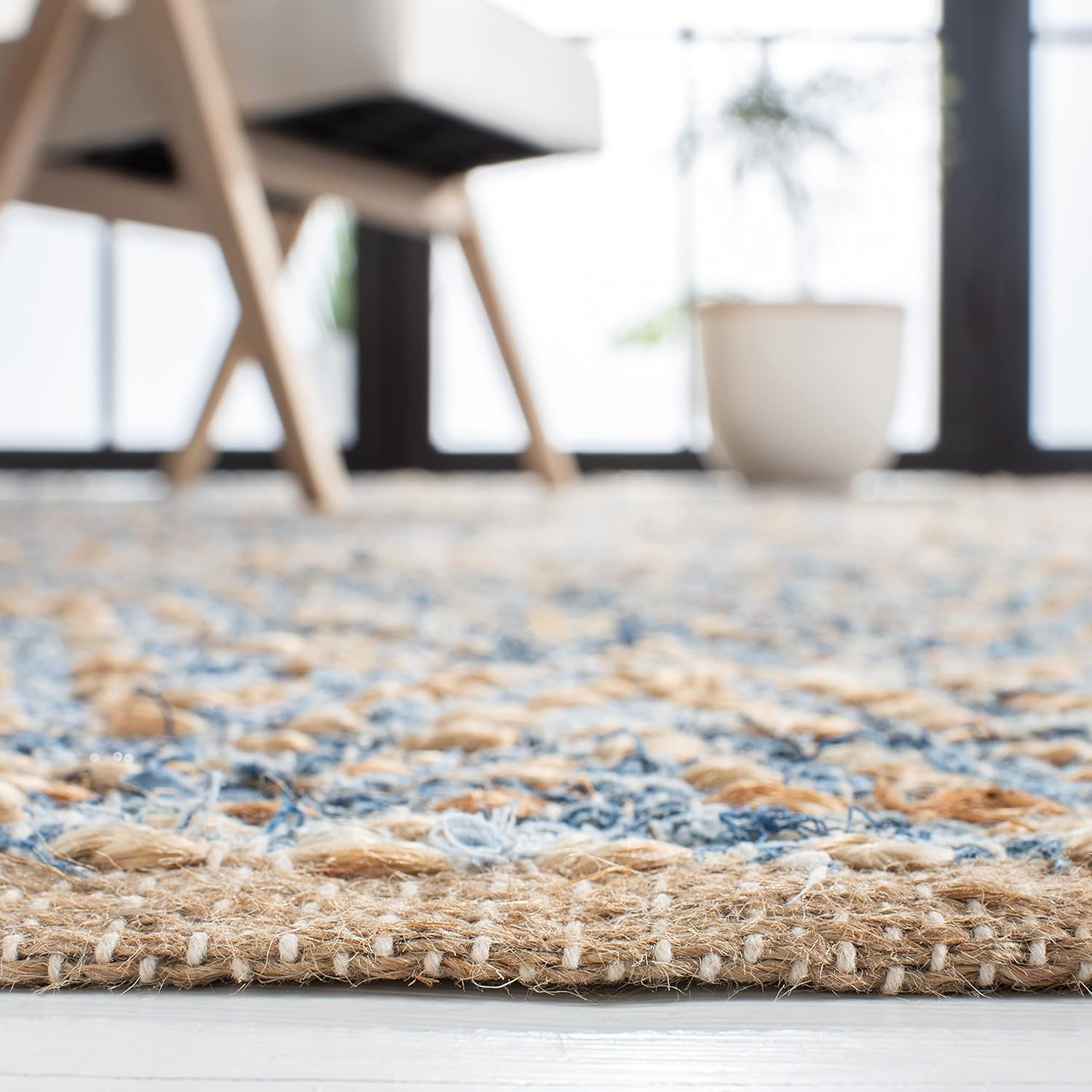 SAFAVIEH Cape Cod Collection Runner Rug - 2'3" x 12', Natural & Blue, Handmade Flat Weave Coastal Braided Jute, Ideal for High Traffic Areas in Living Room, Bedroom (CAP350A)