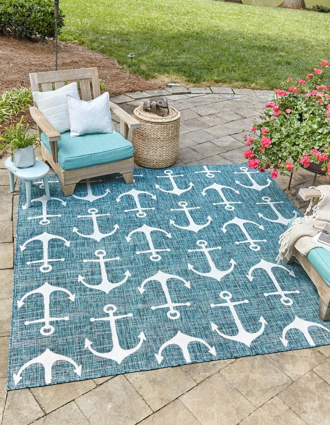 Unique Loom Outdoor Coastal Collection Area Rug - Ahoy (2' 7" x 12' Runner, Blue/ Ivory)