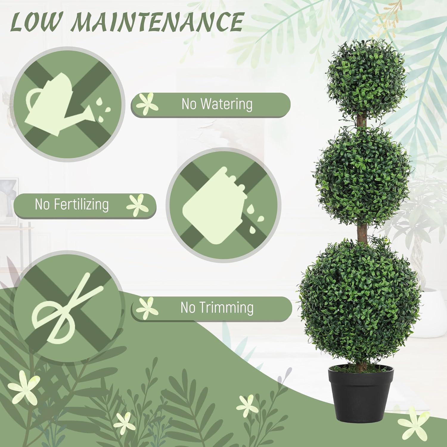 HOMCOM Artificial Plants Topiary Ball-Shaped Boxwood Trees in Pot Set of 2 Fake Plants for Home Indoor Outdoor Front Porch Decor, 40 Inch, Green