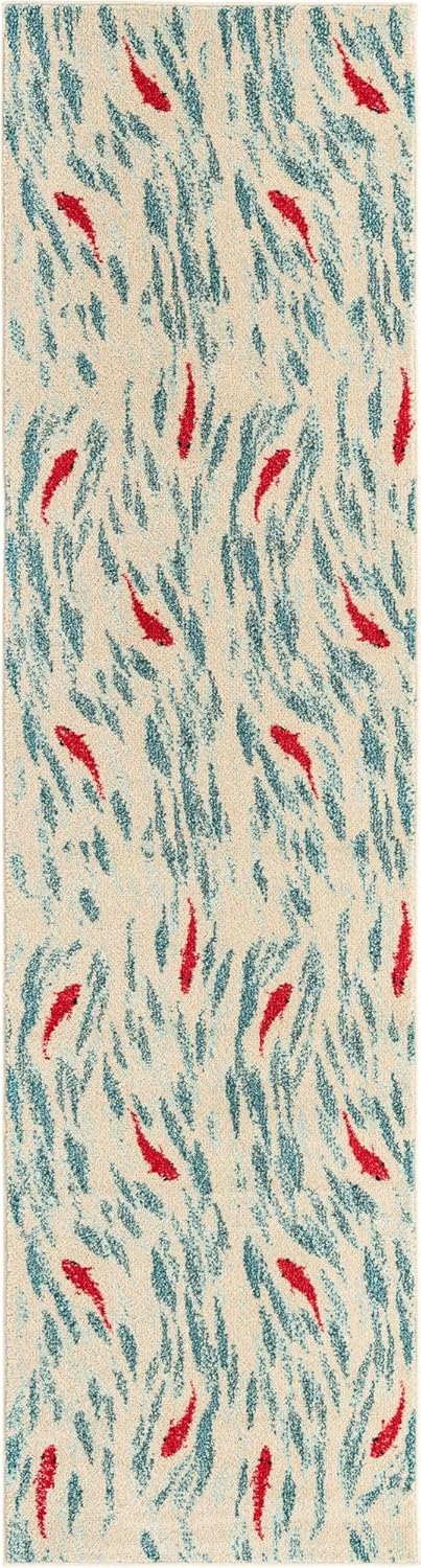 Unique Loom Positano Collection Coastal Modern Bright Colors Fish Beige Runner Rug (3' x 10')
