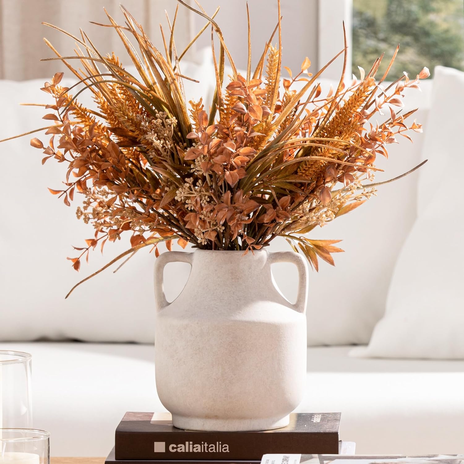 Mitt&Ditt Ceramic Flower Vase, 5.3 inch Off-White Farmhouse Rustic Vase, Handcrafted Weathered Pottery Vases, Small Flower Terracotta Vases for Home Decor, Living Room, Table, Shelf