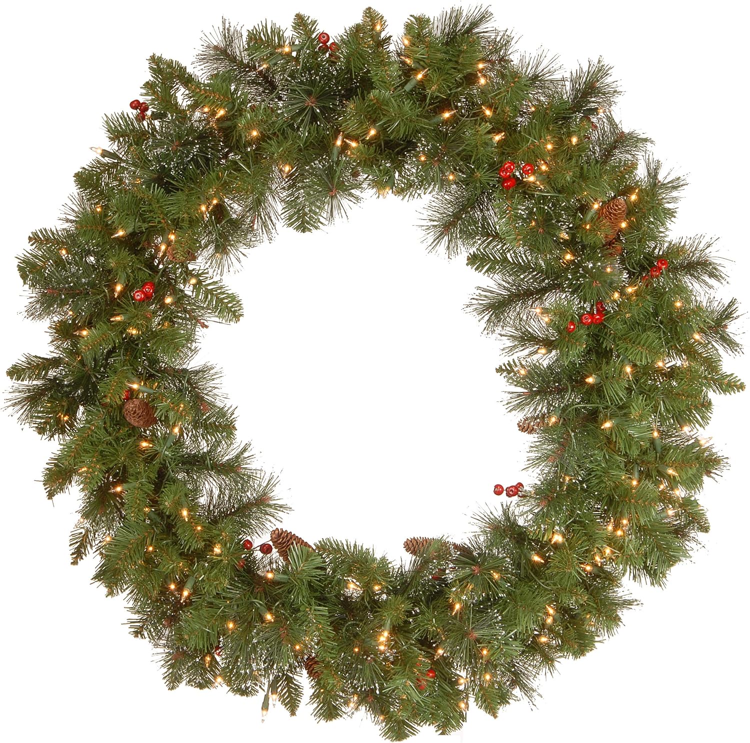 National Tree Company 24 in Pre-Lit Crestwood Spruce Artificial Christmas Wreath, Christmas Decoration with Glitter, Pinecones, Red Berries, 50 Clear LED Lights, 160 Tips, Timer, Green