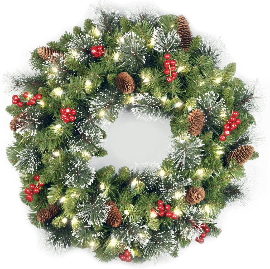 National Tree Company 24 in Pre-Lit Crestwood Spruce Artificial Christmas Wreath, Christmas Decoration with Glitter, Pinecones, Red Berries, 50 Clear LED Lights, 160 Tips, Timer, Green