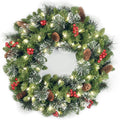 National Tree Company 24 in Pre-Lit Crestwood Spruce Artificial Christmas Wreath, Christmas Decoration with Glitter, Pinecones, Red Berries, 50 Clear LED Lights, 160 Tips, Timer, Green