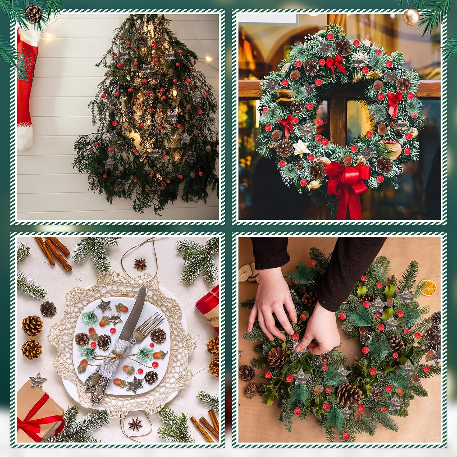 Riceshoot 432 Pcs Christmas Picks and Sprays Pine Cone Red Berries Set Christmas Wreath Making Decoration Artificial Pine Branches Acorns Wooden Stars for Xmas Supplies Party DIY Crafts