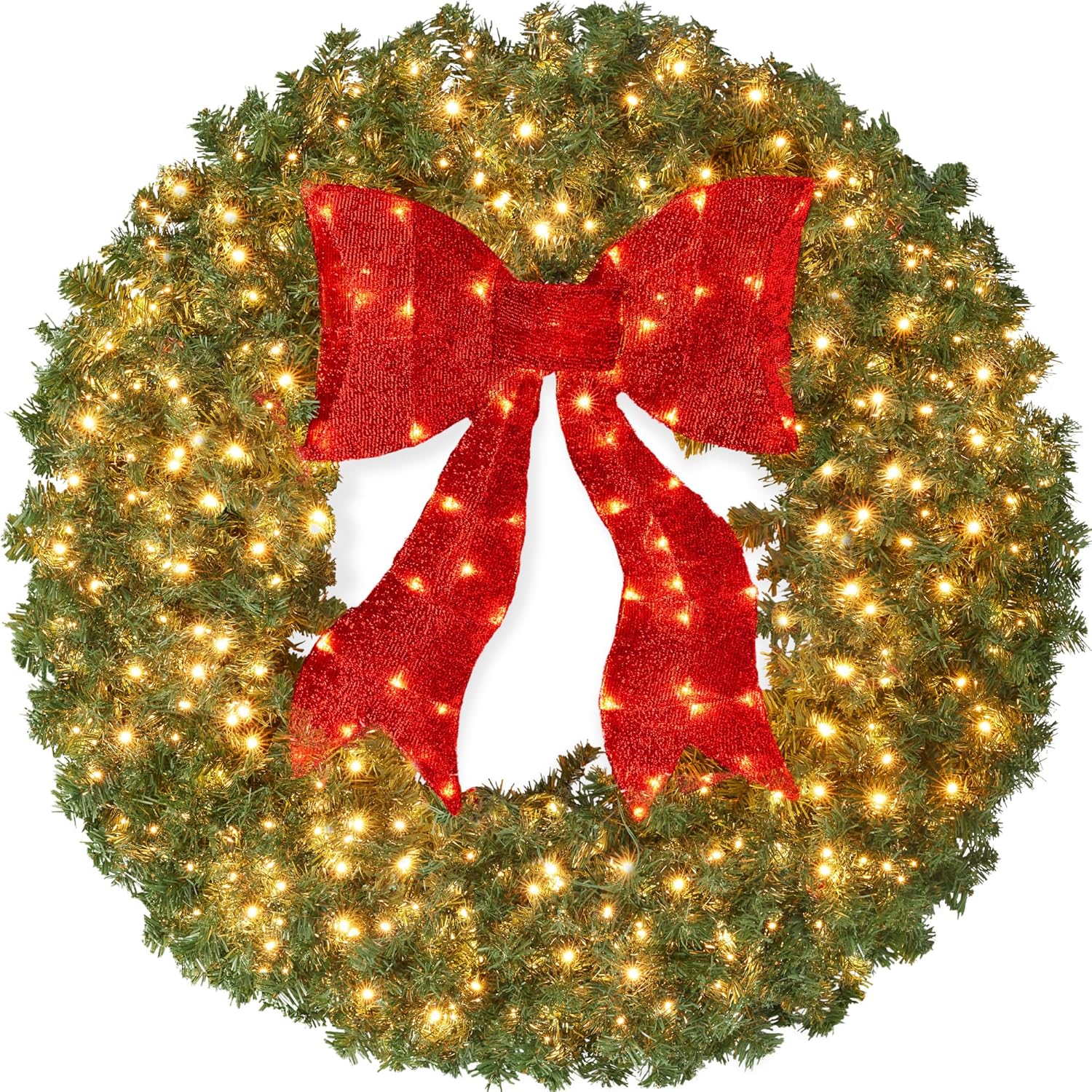 Best Choice Products 48in Large Artificial Pre-Lit Fir Christmas Wreath Holiday Accent Decoration for Door, Mantel w/Red Lighted Bow, 250 LED Lights, 714 PVC Tips, Power Plug-in