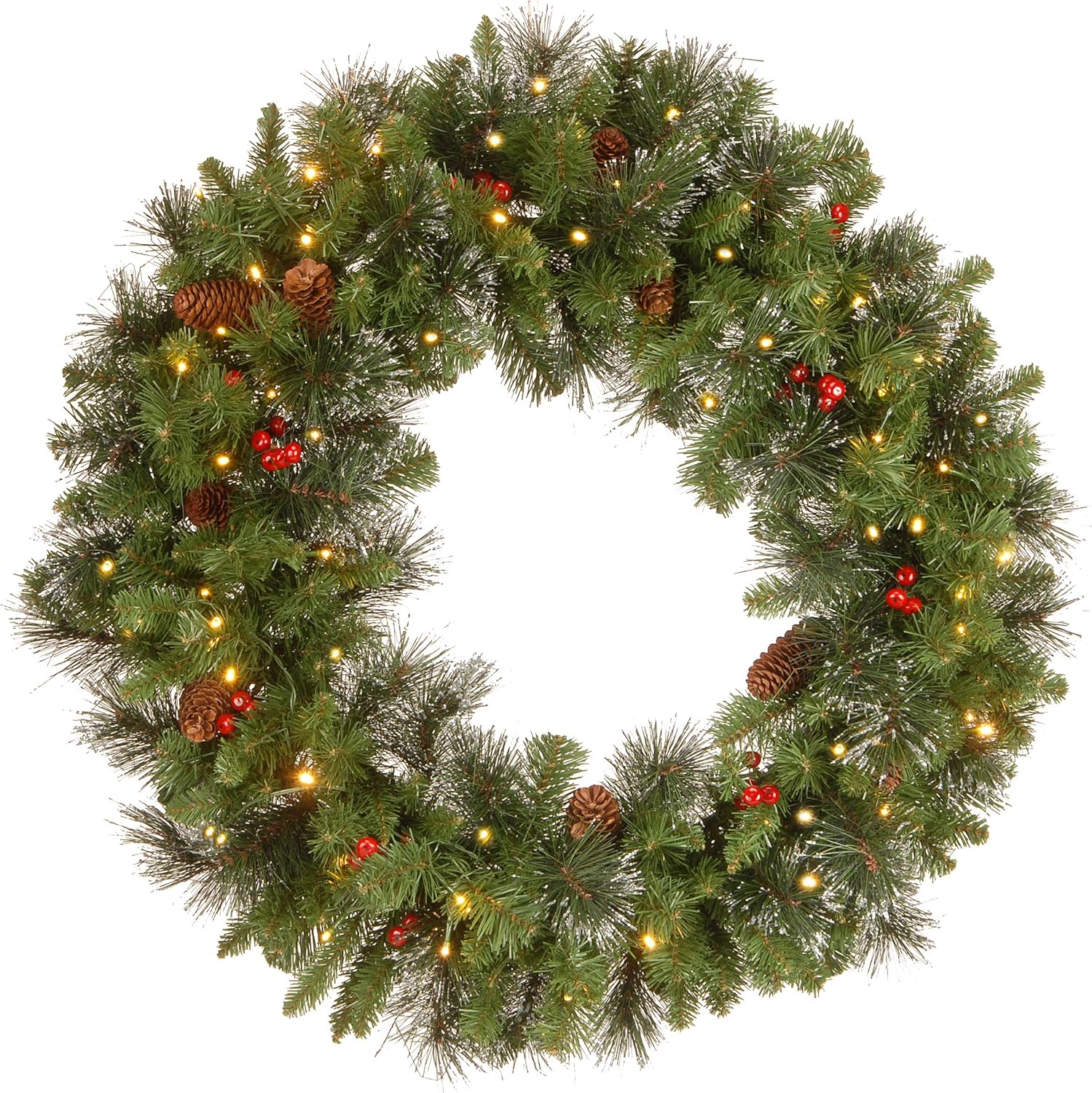 National Tree Company 24 in Pre-Lit Crestwood Spruce Artificial Christmas Wreath, Christmas Decoration with Glitter, Pinecones, Red Berries, 50 Clear LED Lights, 160 Tips, Timer, Green